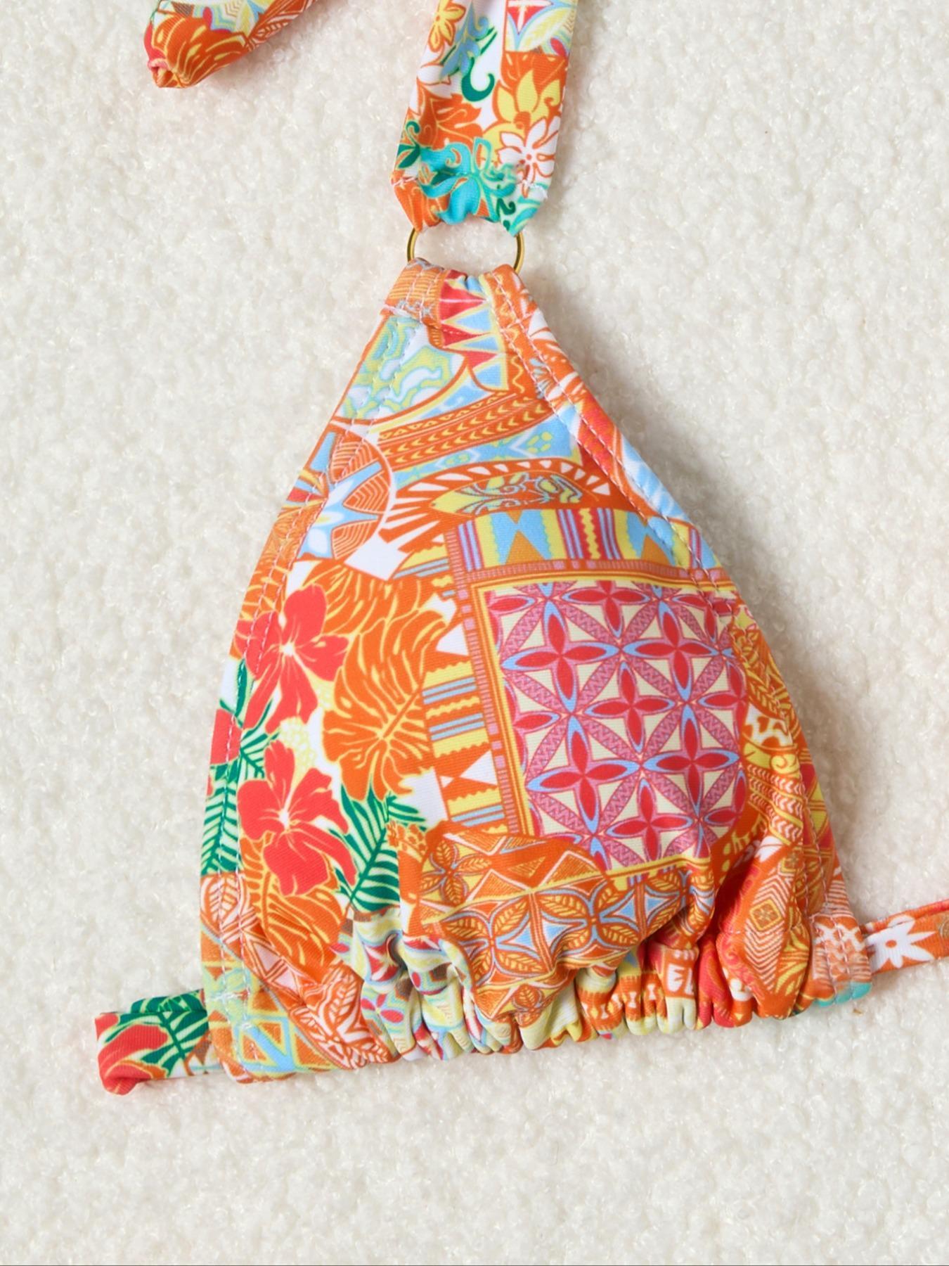 Women's All Over Print O-ring Linked Halter Neck Bikini Set, High Stretch Tie Back Backless Swim Top & Swim Bottom for Beach Holiday Vacation, Summer Beach Bikini, Summer Swimsuit Set, Bikini Swimsuits