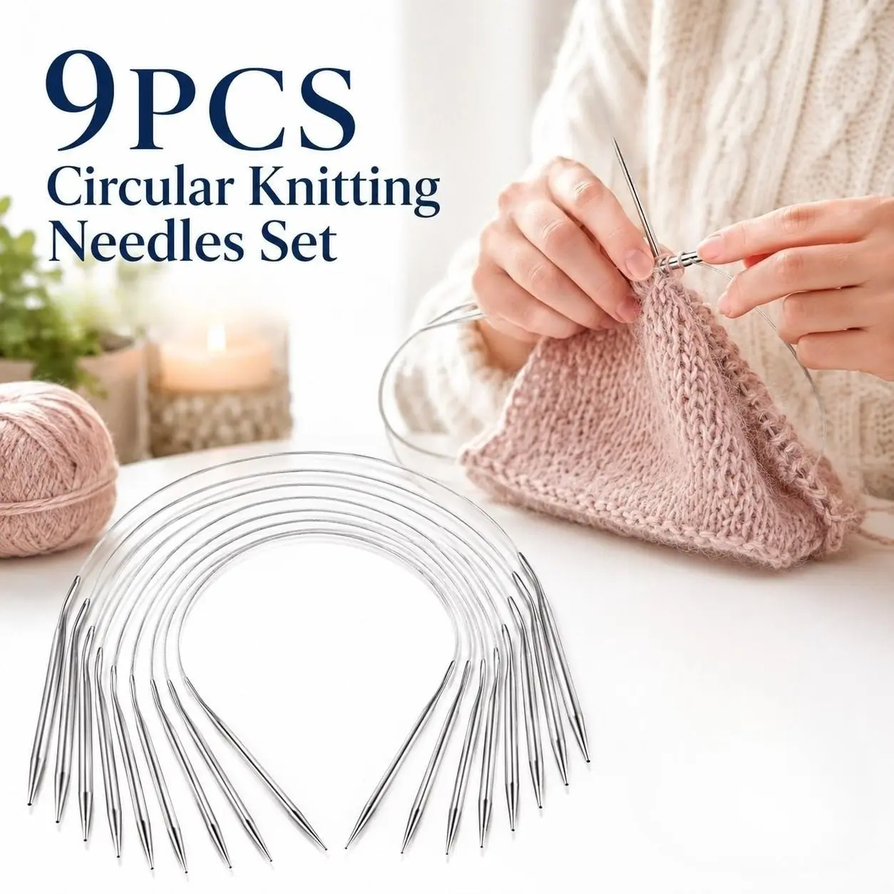 9-Piece Circular Knitting Needle Set, 2mm-6mm, 40cm-120cm, Beginner Metal Needles with Magic Ring, DIY Crafts, Gift for Grandma, Mom