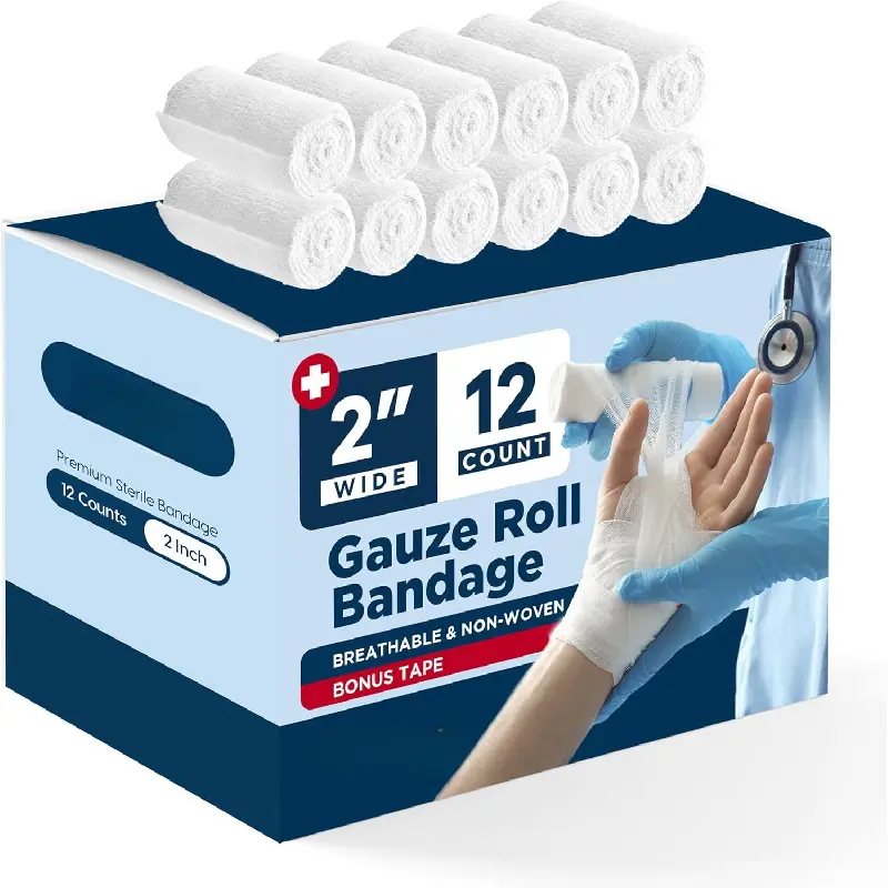 12-Pack Gauze Bandage Roll with Tape, 2 Inches x 4 Yards - Soft, Stretchable & Breathable Wrap for Wound Care, First Aid & Medical Supplies - White