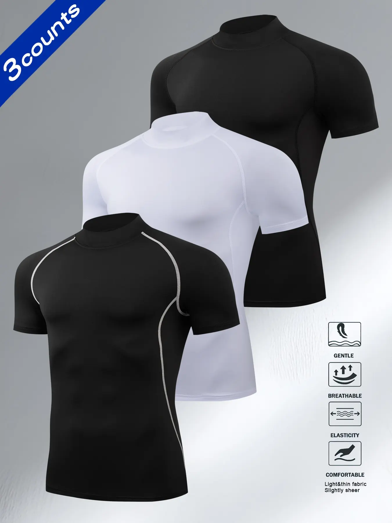 Men's Half High Neck Athletic Fitted Sport T-Shirt Set, Breathable Quick-Dry Short Sleeve, Fitness Running Exercise Wear, Outdoor Cycling Clothing, Fitness Sportswear, Athletic Sports Clothing, Sporty Style Clothes