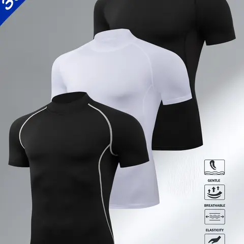 Men's Mock Neck Fitted Sport T-Shirt Set, Breathable Quick-Dry Short Sleeve Top, Activewear Top, Outdoor Cycling Clothing, Athletic Sports Clothing, Fitness Sportswear for Cycling & Running Workouts