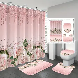 Elegant Pink Roses Bathroom Four-Piece Set - Romantic Waterproof Shower Curtain for a Complete Bathroom Set