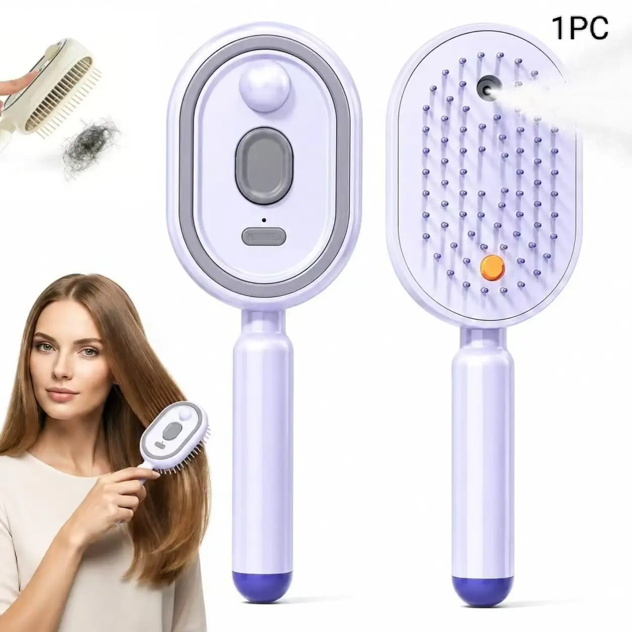 1 PC 2026 New Electric Steam Brush for Hair, Upgrade Rechargeable 3 in 1 Self Cleaning Hair Brush with Water Spray, Electric Spray Air Cushion Massage Comb for Long Short Hairs Frizz Control No Essential Oil Included【Non-straight hair】