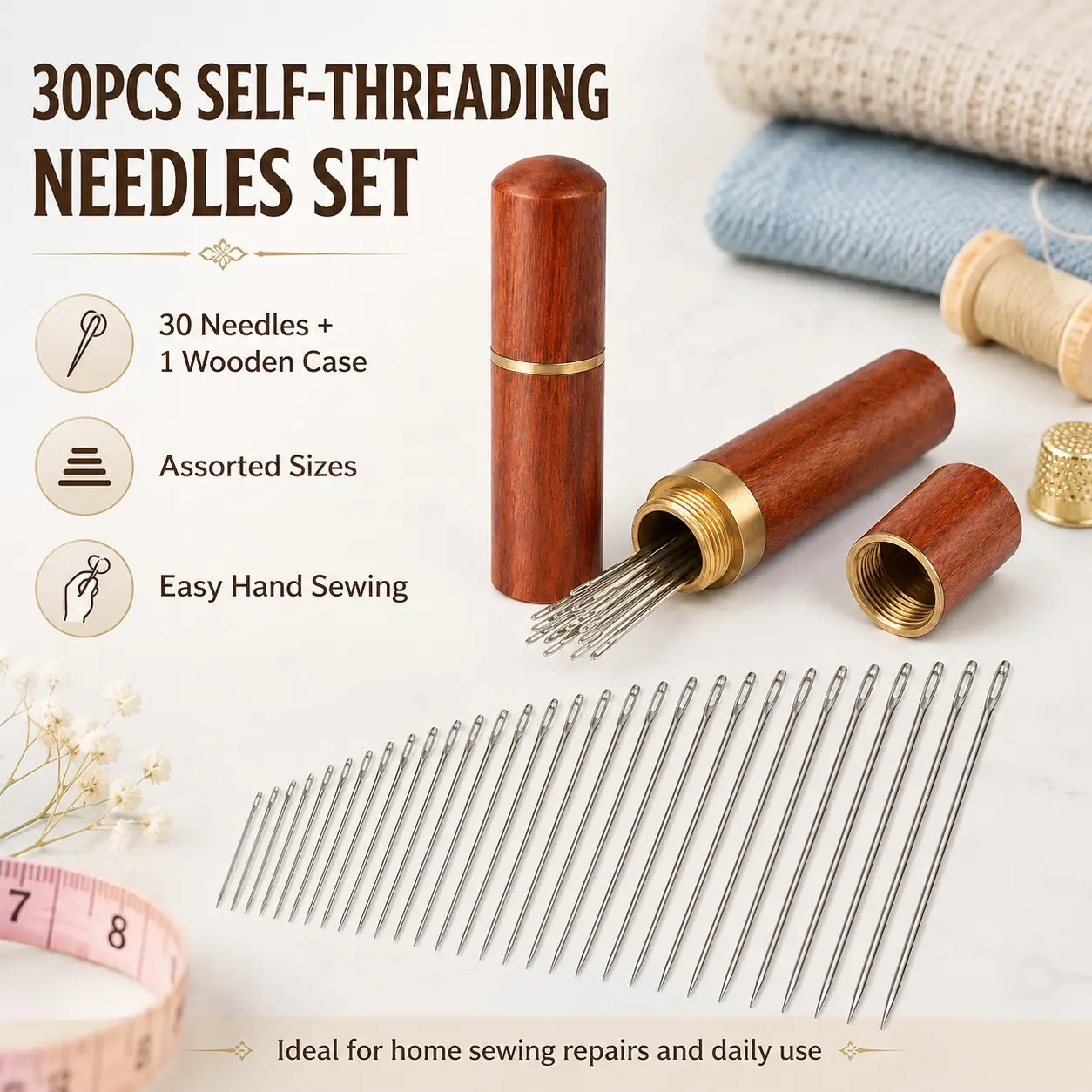 30pcs Self-Threading Needle Set with Storage Tube, Multiple Sizes, Needles for Hand Sewing, Ideal for Seniors, Low Vision, Sewing, Embroidery, DIY, Clothing Repair