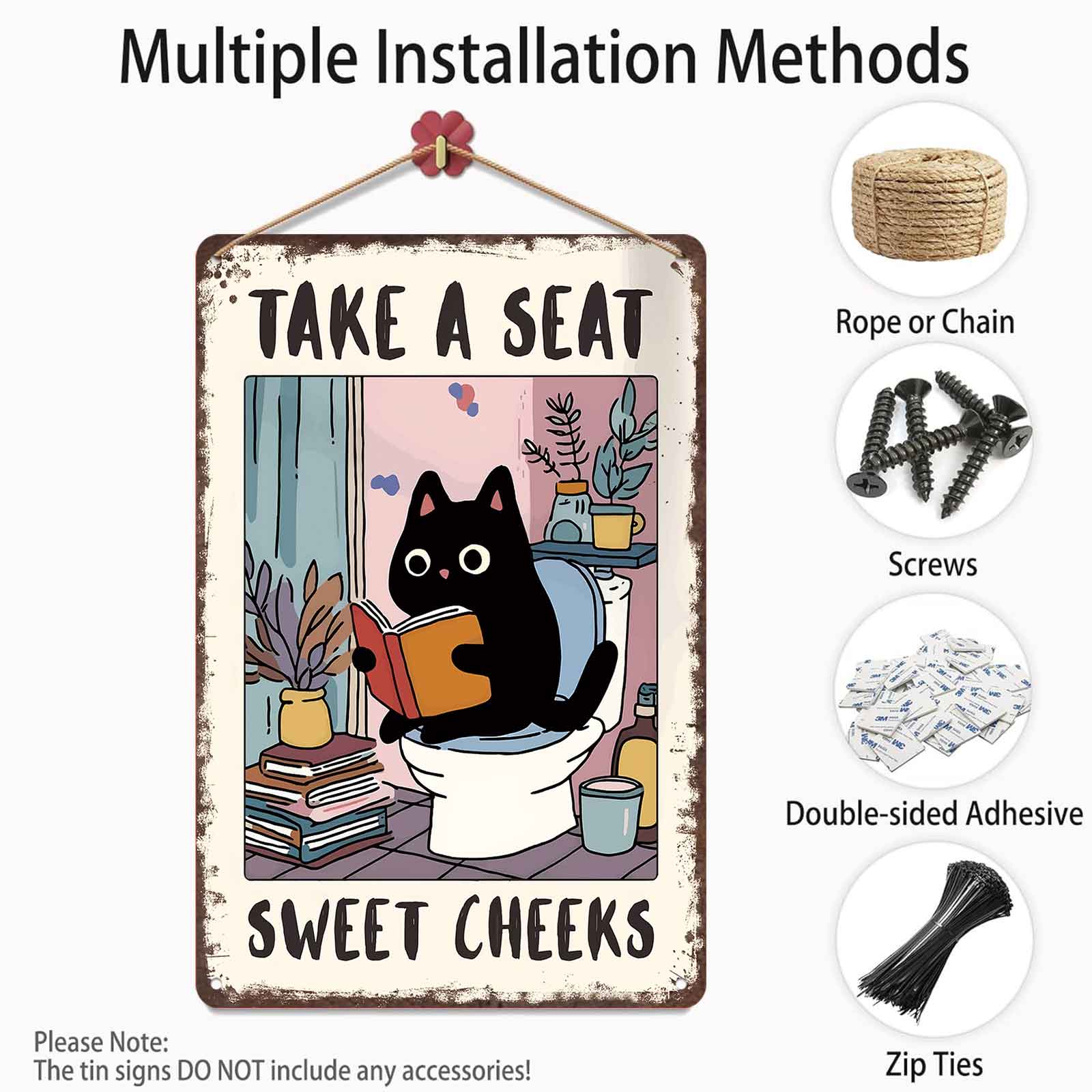 8x12 Inch Aluminum Metal Sign - "Take A Seat Sweet Cheeks" Cute Black Cat Bathroom Decor |   Ideal for Home, Guest Bathroom, Salon, and Cat Lovers' Space |   Whimsical Tin Plaque, Easy to Mount, Perfect Housewarming Gift
