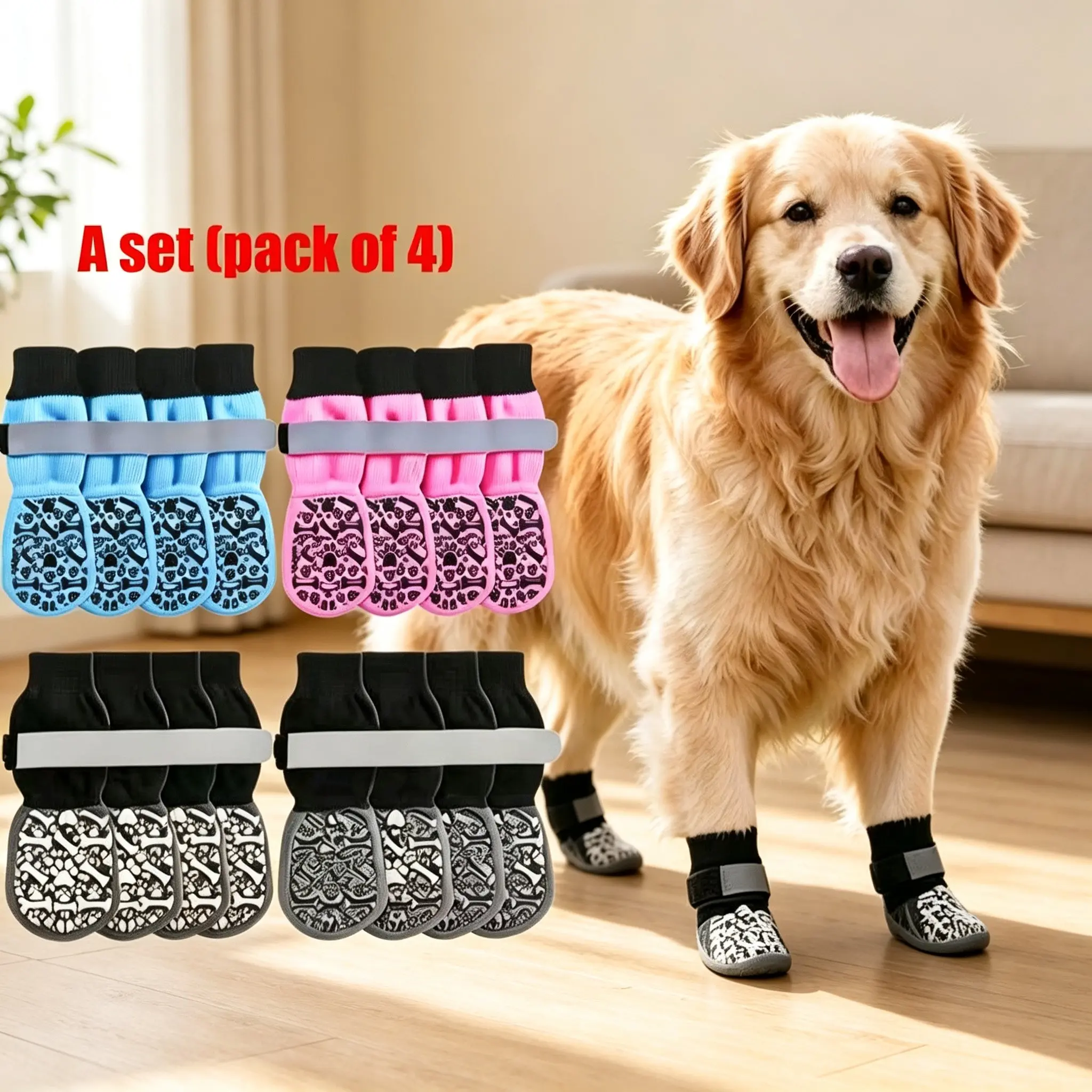 4 Pairs Pet Socks, Non-Slip Durable Breathable Dog Socks, Adjustable Reflective Paw Protectors, Anti-Dirty Shoe Covers for Dogs and Cats