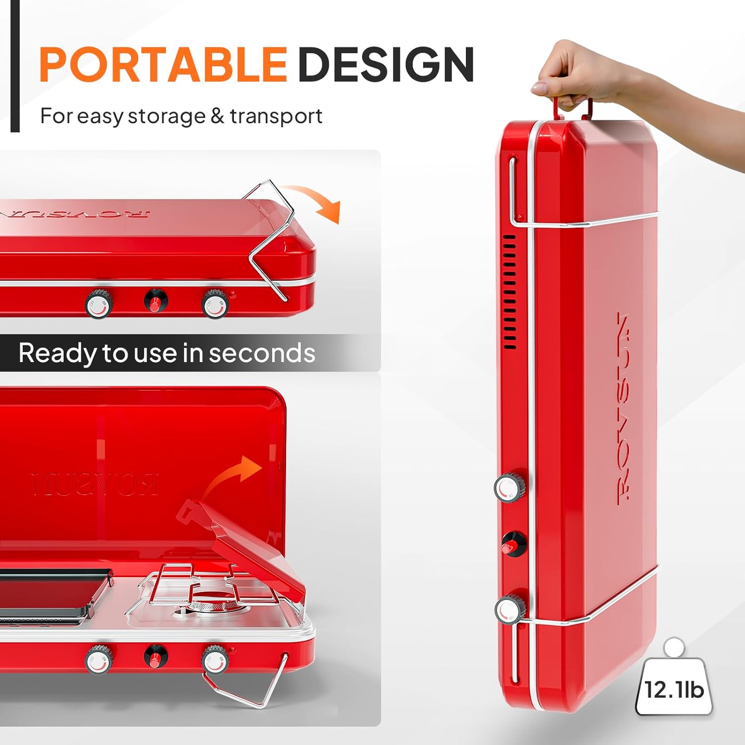 ROVSUN 2-in-1 Portable Camping Stove & Propane Grill with Enamel Griddle & Piezo Igniter, Tabletop Camp Stove with Built-in Handle, Wind Panel & Regulator for Outdoor Camping, Tailgating, Grilling