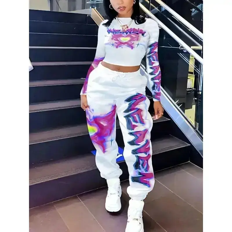 Casual Long Sleeve Heart Letter Print Two Piece Set - Ladies Top and Sweatpants - Style Clothes Elastic