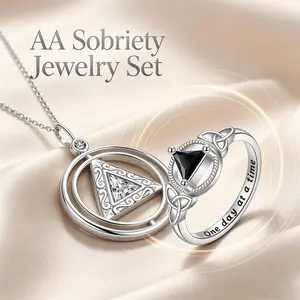 AA Sobriety Jewelry Set for Women, Black Triangle Cubic Zirconia Celtic Knot Ring with 'One Day at a Time' Engraving, Rotatable Spinner Fidget Necklace for Stress Anxiety Relief, Sobriety Recovery Gift for Birthday Anniversary AA Meeting Daily Wear