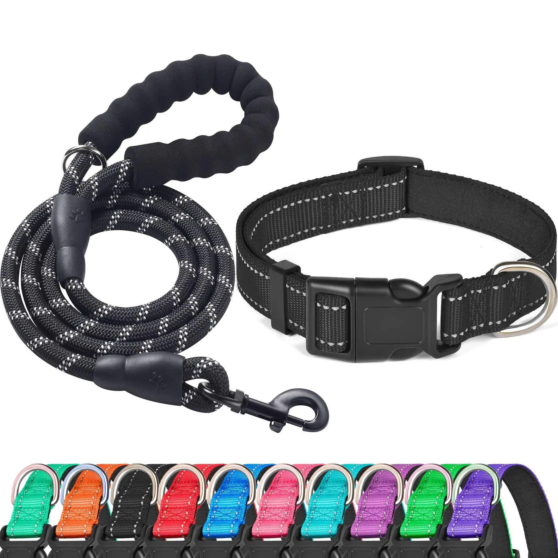 Pawton Reflective Nylon Dog Collar for Large Dogs - Soft Neoprene Padded, Escape-Proof Locking Buckle, Upgraded Zinc Alloy Ring, Adjustable for Pitbull, Black, L Size, Pet Collar Accessory, Collars