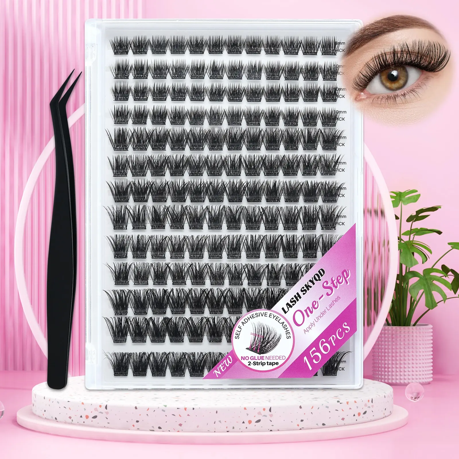 Self Adhesive Eyelashes, Volume False Eyelashes, Volume Fluffy Lashes, Makeup Lash Clusters, 156 Pcs D Curl Self Adhesive Eyelash Clusters, No Glue Needed, Invisible 2-Strip Tape - Longer Lasting, No Sticky Residue Pre Glued Eyelashes