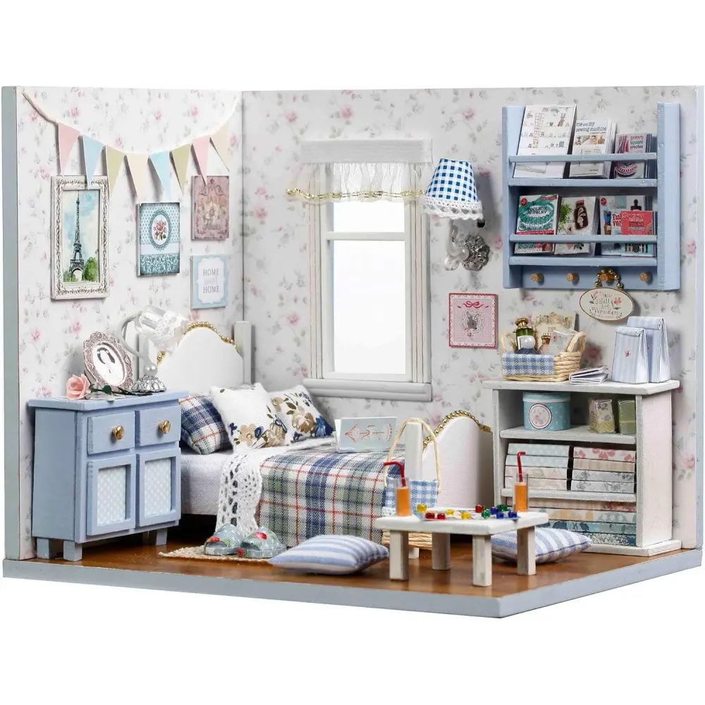 Spilay DIY Miniature Dollhouse Kit, Wooden Handcraft Mini‑Architecture Building Block Toy with LED Light, Sunshine Overflowing Mini House Book Nook Kit for Adults, Creative Bookshelf Decoration & Unique Gift