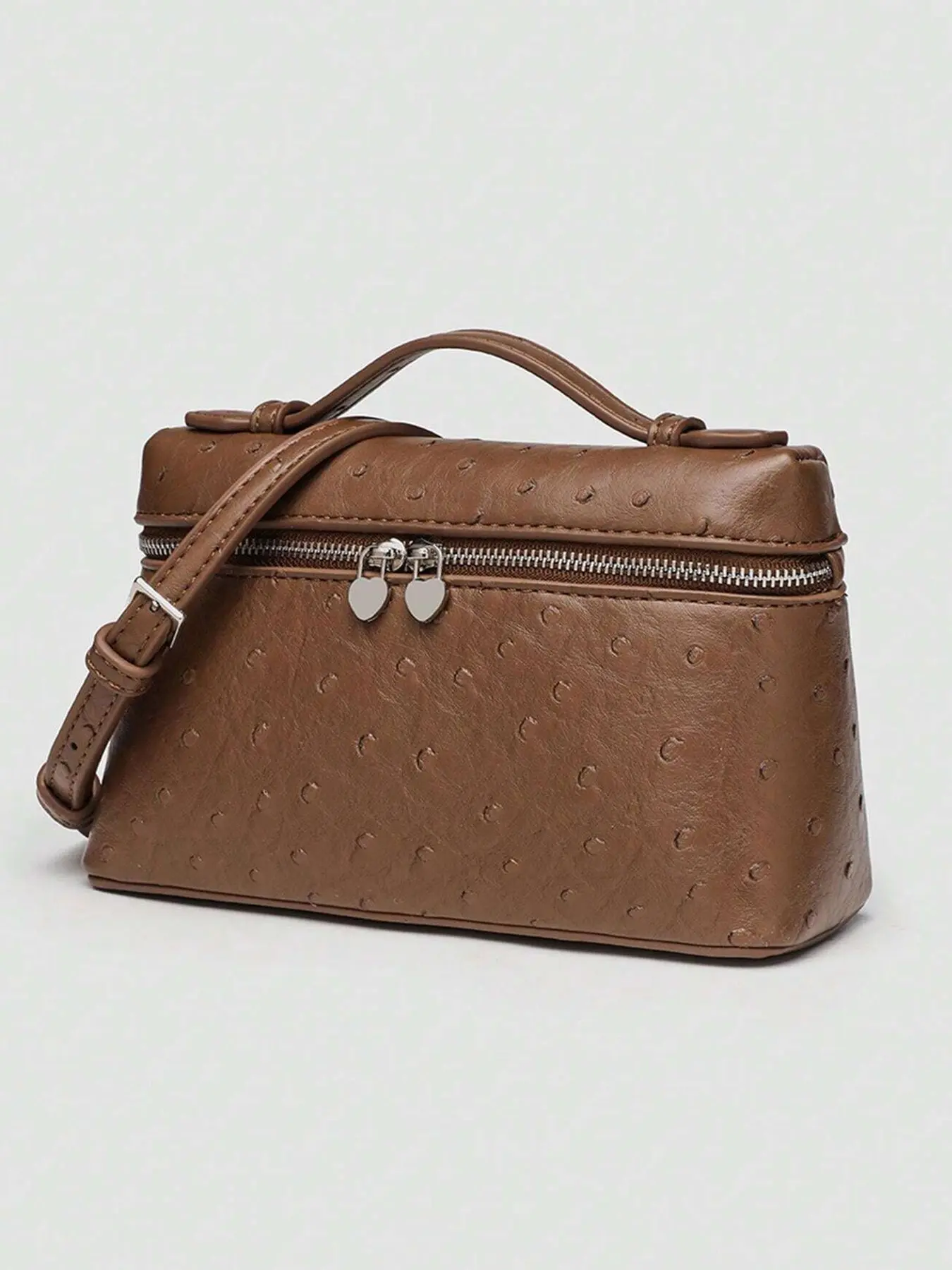 Niche design ostrich pattern messenger bag, double zipper and handbag, retro brown high-end small square bag, small, exquisite and simple commuter fashion bag, suitable for office workers, shopping, etc.