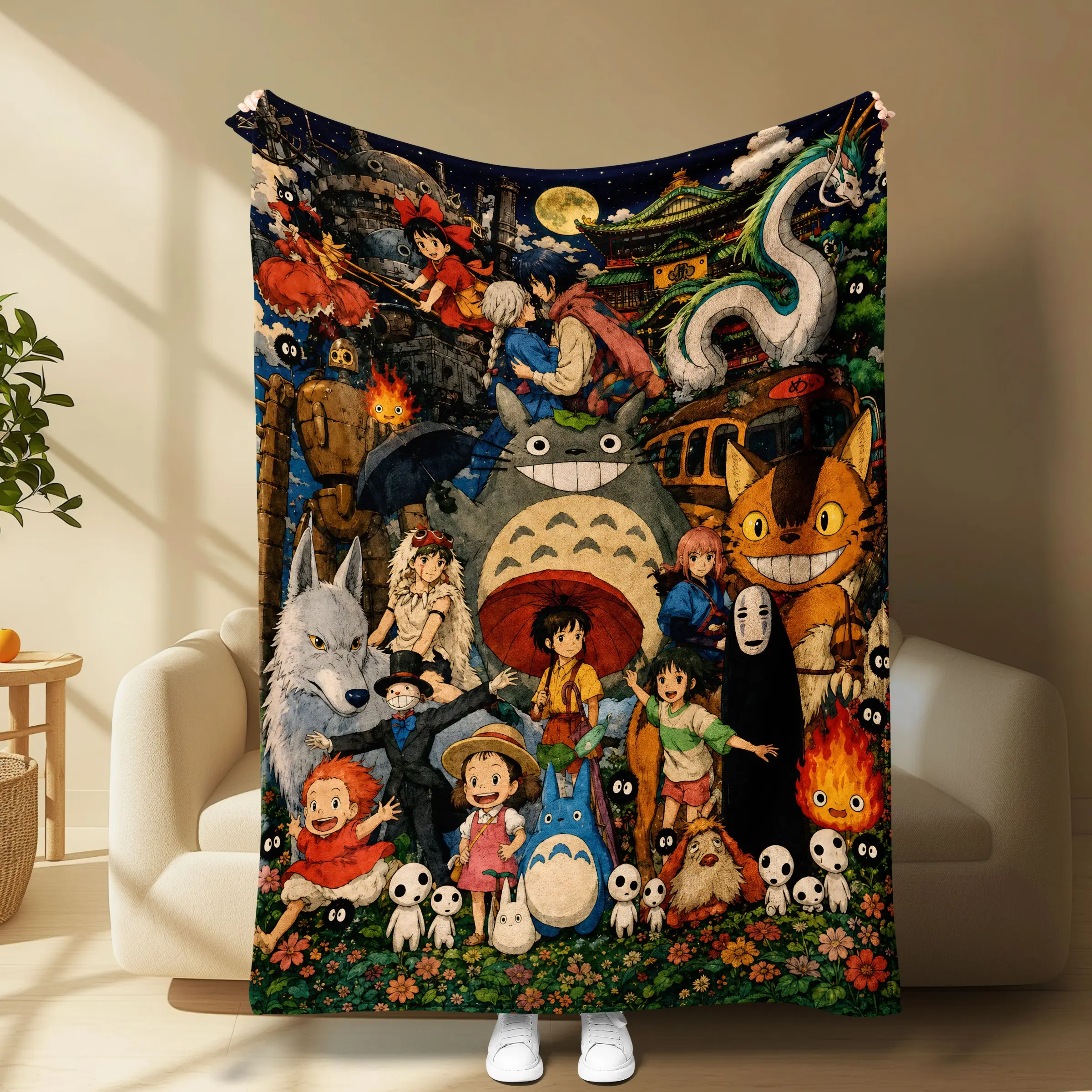 Ghibli Animation Collection Blanket, Soft Flannel, Dragon Cat, Spirited Away, Witch Characters, Cozy Fantasy Atmosphere, Perfect Gift
