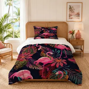 Tropical Palm Leaf & Flamingo Duvet Cover Set, 2/3Pcs (1 Duvet + 1/2 Pillowcases, No Comforter and Pillow Inserts), American Vintage Vacation Style, Soft & Breathable Bedding, Suitable for Teens and Adults, Housewarming & Holiday Gift
