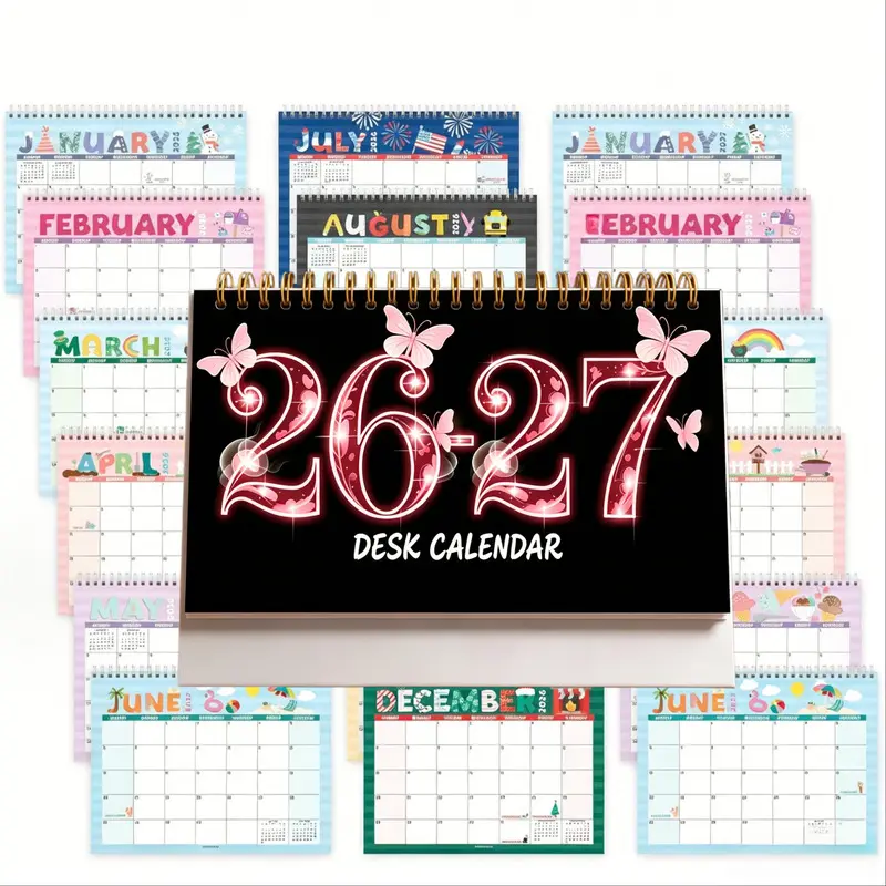 Black background neon pink heart and butterfly Desk calendar, Calendar Design, from July 2026 to December 2027, 18-month desktop calendar, gold coil monthly planner, trendy vibe desk decoration, spiral flip desk calendar, creative gift for students