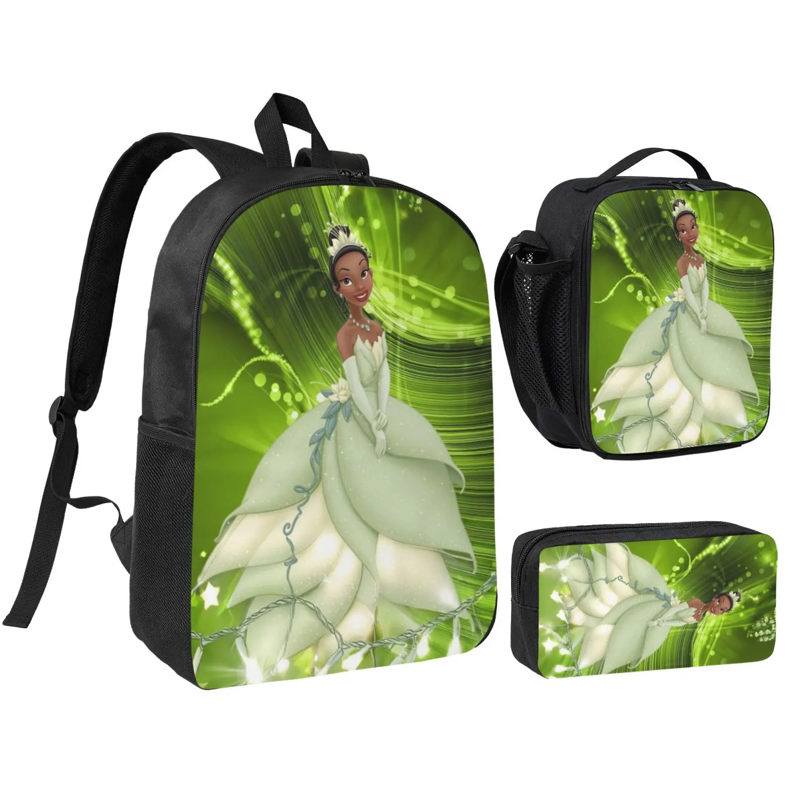 Anime Tiana3 Kids 3Pcs Multipurpose Teen Backpack Set with Adjustable Shoulder Straps, School Bookbag, Insulated Lunch Box & Pencil Bag for Boys Girls Daily School Travel Office