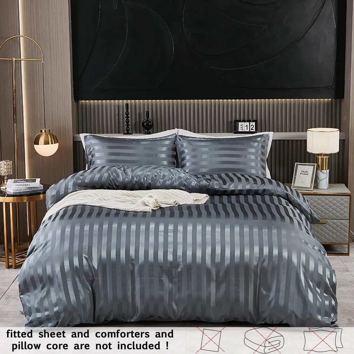 2/3PCS Hotel Quality Bedding Duvet Cover Set, Comfy Bed Sets, Satin Stripe Microfiber Comforter Cover with Zipper Closure & Corner Ties Design, Hypoallergenic, Soft & Breathable, Includes 1 Duvet Cover + 2 Pillowcases, Suitable for All Seasons