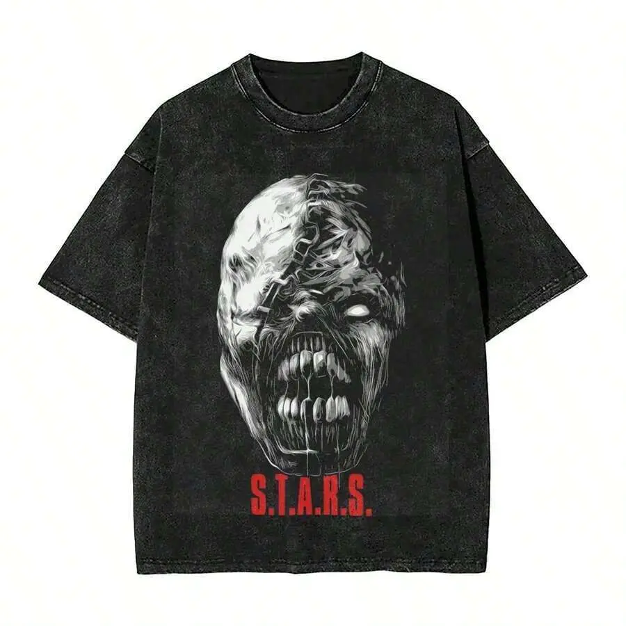 Nostalgic Survival Game Style Short Sleeve T shirt Resident Evil Full Nemesis Monster Front Graphic Crew Neck Casual Top For Men Women Outdoor Horror Night Weekend Street Hanging Wear