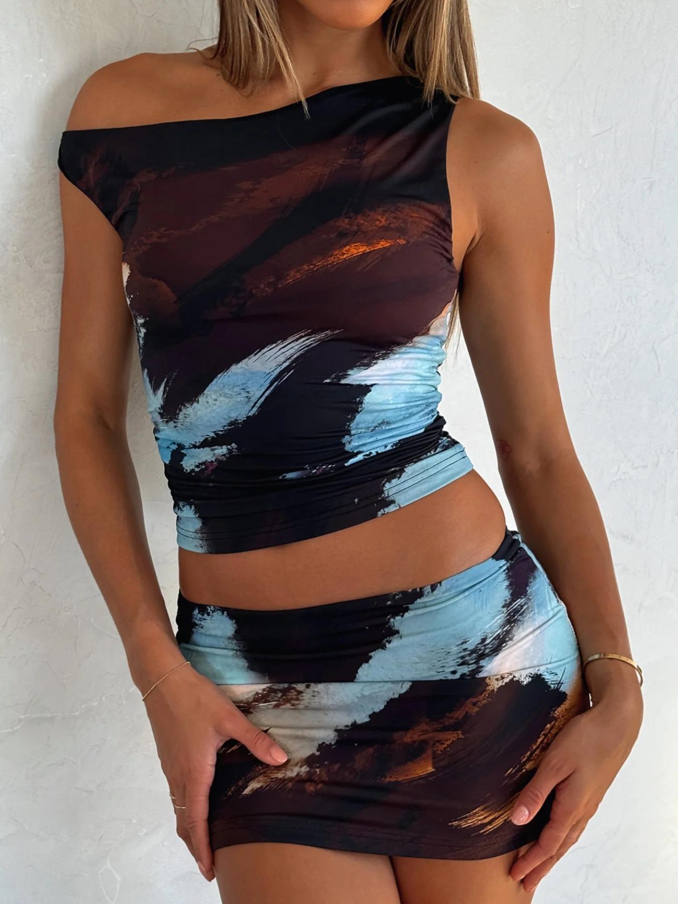 Women's Graphic Print Crop Top & Bodycon Skirt Two-piece Set, Elegant Fashion Casual Top & Skirt for Daily Outdoor Wear, Women's Clothing for Spring & Fall