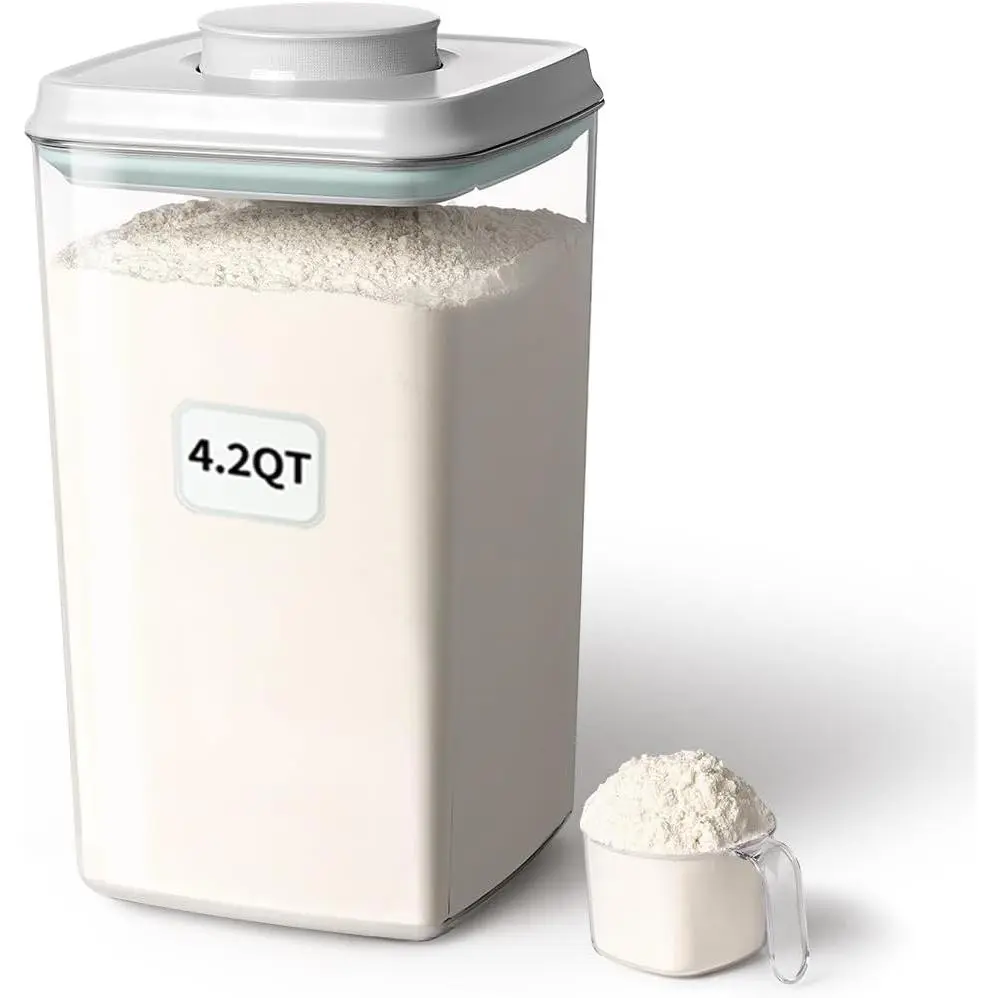 Plastic Airtight Pop Food Storage Container with Lid, 130ml Scoop, 4L/4.2qt BPA-Free Kitchen Pantry Organizer for Cereal, Rice, Stackable & Durable