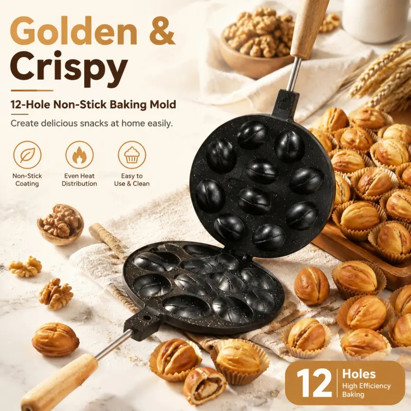 12-Hole Non-Stick Walnut Cake Baking Mold With Wooden Handles, Even Heat Distribution Double-Sided Pancake Waffle Maker Pan, Easy Clean Home Kitchen DIY Snack Baking Tool For Gas Stove Use