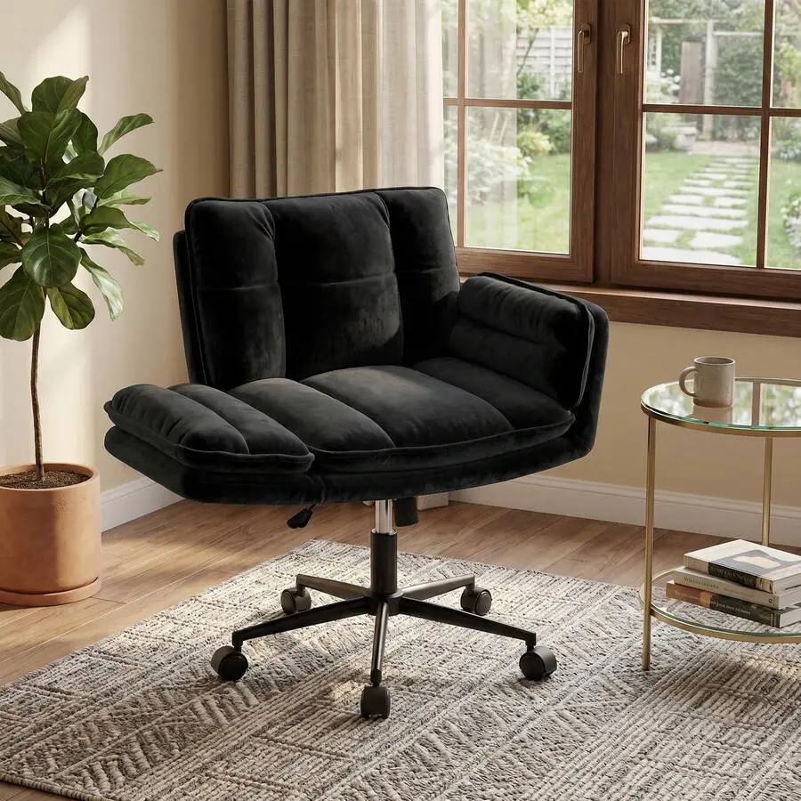 Criss Cross Chair With Flip-Up Arms & Swivel Wheels, Cross Legged Chair With Adjustable Height Comfortable Wide Seat Reclining Computer Home Office Desk Chairs, Black