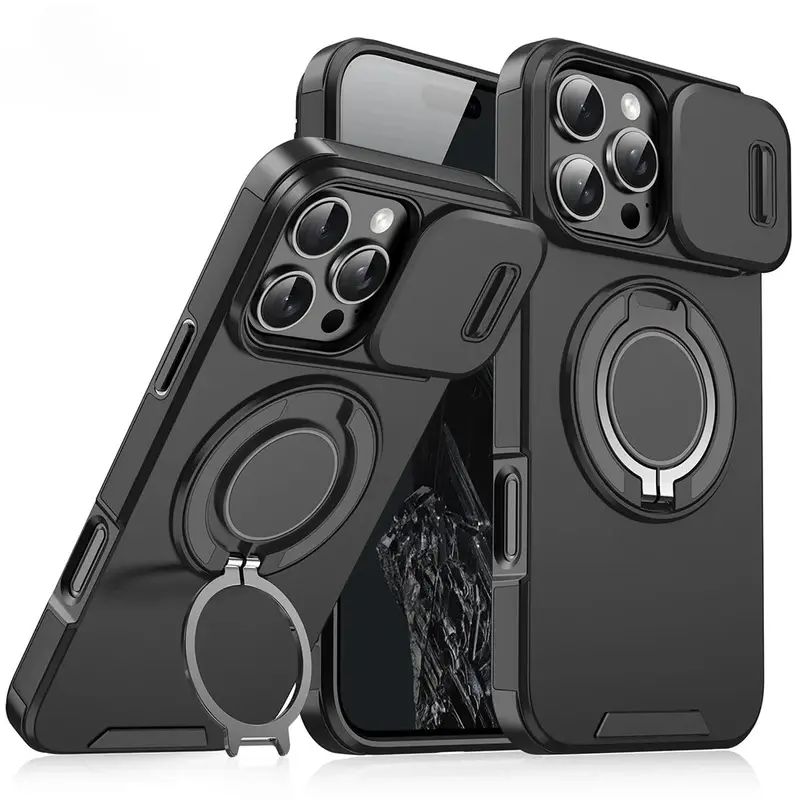 Heavy-Duty Rugged TPU Plastic Magnetic Ring Stand Phone Case for iPhone Series (17, 16, 15, 14, 13, 12, 11 Pro Max Plus, 17Air, 16E) - Slide Camera Protection, MagSafe Compatible, Multi-Model iOS Accessories, Smartphone, Handheld, Cellphone Accessory, Pro