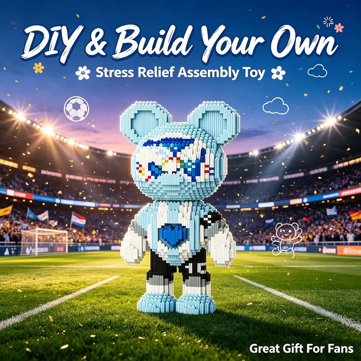 Evening Stadium Bear 3D Puzzle Block Decor, Ideal for Home Office Shelves, Party Decor, Perfect Gift for Holidays, Handmade Craft Ornament