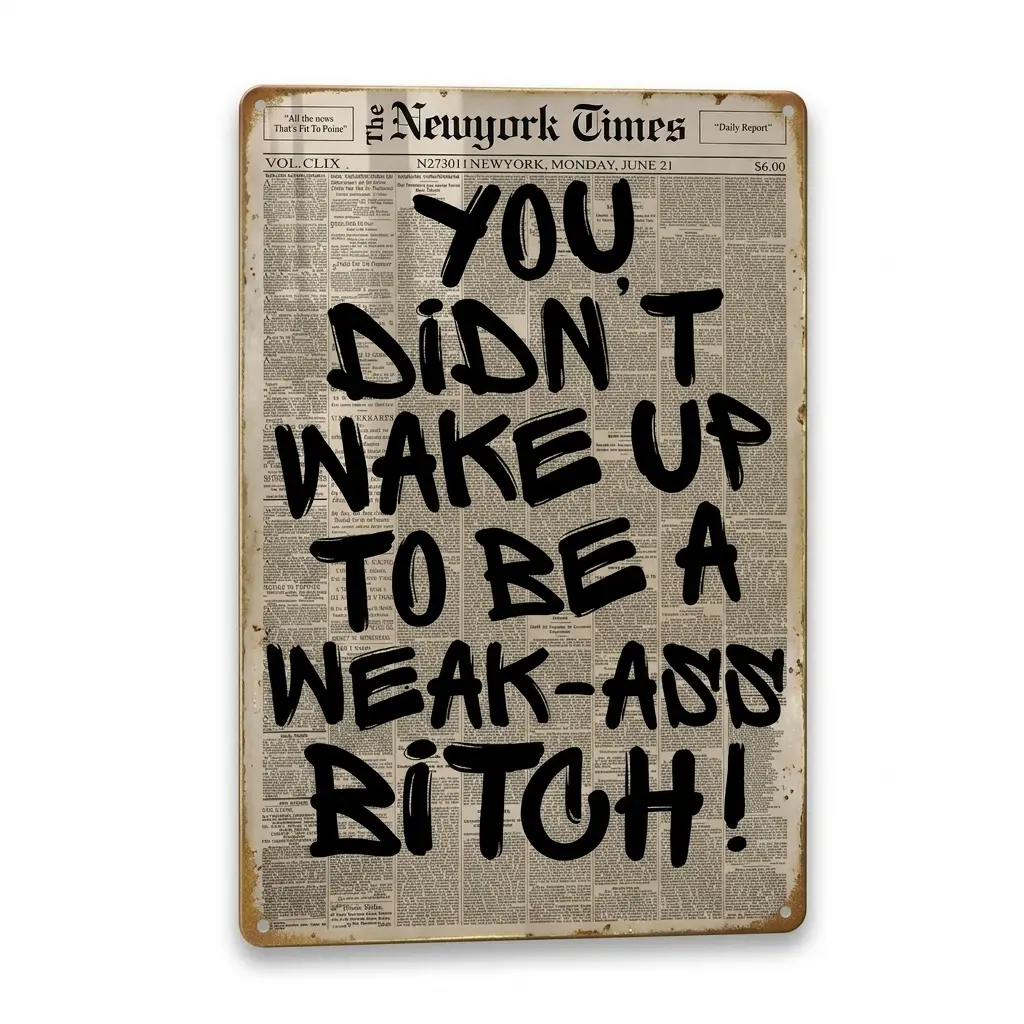 2D Flat,8x12 In Metal Tin Sign "You Didn't Wake Up to Be a Weak-A** B**ch" Vintage Newspaper Wall Decor Funny Motivational Art for Home Gym Garage Office
