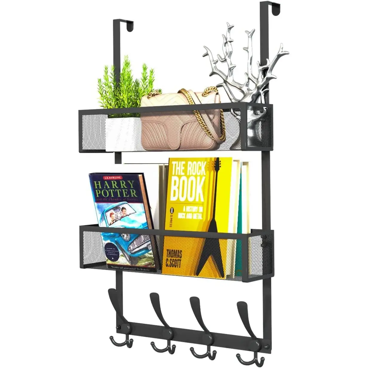 Over The Door Hooks Organizer,Coat Rack with 12 Hooks and 2 Mesh Baskets, of Door Storage Organizer for Bathroom,Bedroom,Kitchen,Office(Black)