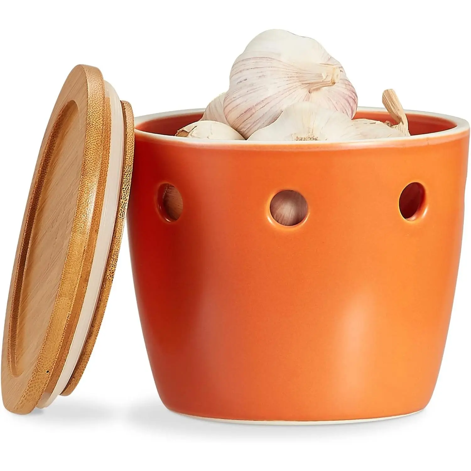 Large Garlic Keeper with Lid, Ceramic Garlic Saver 5 inch, Garlic Keeper for Counter, Orange