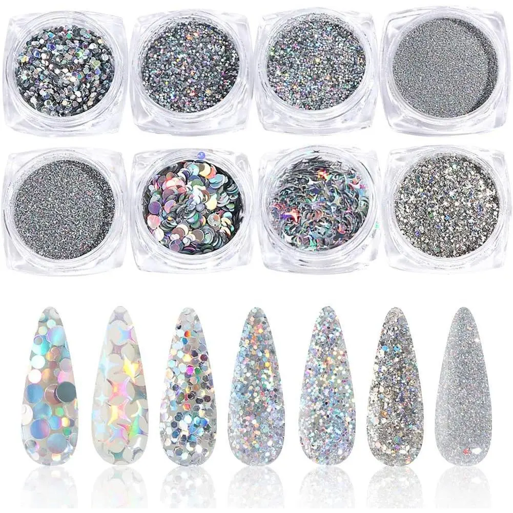 8 Boxes Holographic Nail Art Sequins Glitter Set - Metallic Shining Flakes Silver Nail Glitter for Manicure