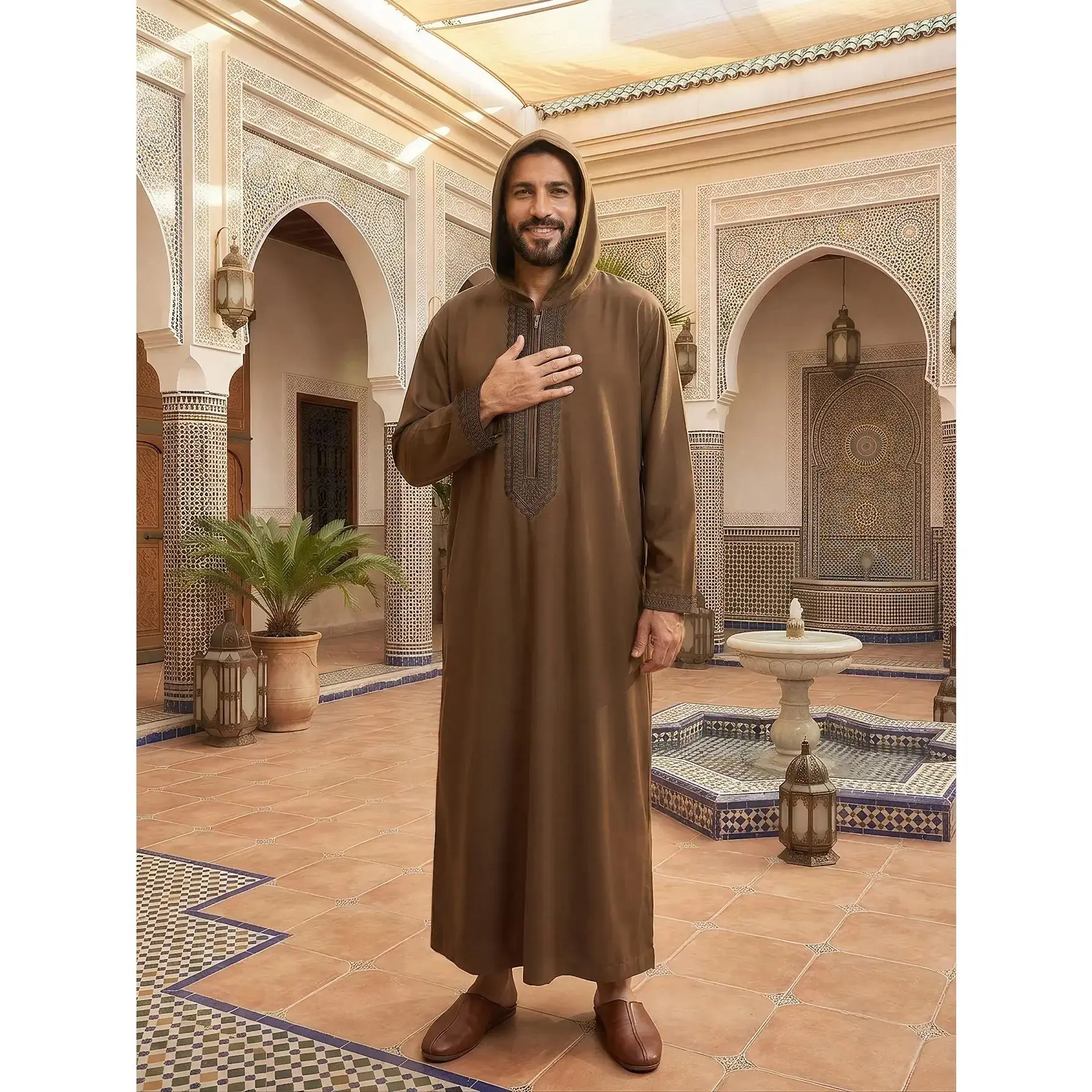 Men’s Traditional Moroccan Thobe, Classic Embroidered Loose Hooded Robe for Daily & Formal Wear Muslim Modesty, must have item, essential piece, everyday wear, trendy style, wardrobe staple, wardrobe essential