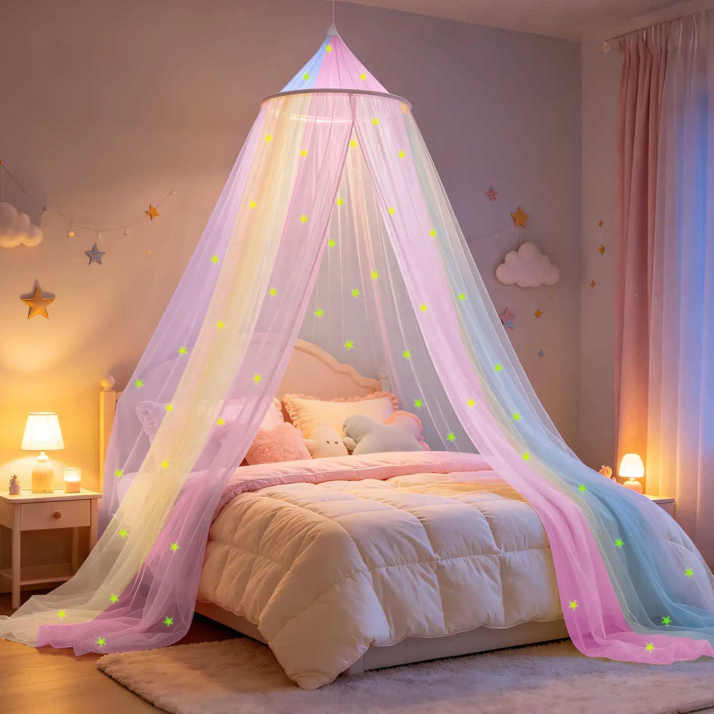 Princess Rainbow Bed Canopy curtain for Girls with Glow-in-The-Dark Stars light Colorful Canopy Net Fits Most Single Twin Full and Queen Size Bed Bedroom Accessories Mosquito Net Without Washing Net Cover Mesh Netting Sides