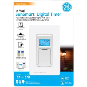 GE SunSmart 7-Day In-Wall Digital Timer Switch, Auto Sunrise/Sunset, Weekly Programmable, Security, Countdown, Single-Pole/3-Way, Neutral Wire Required, White or Light Almond, 32787