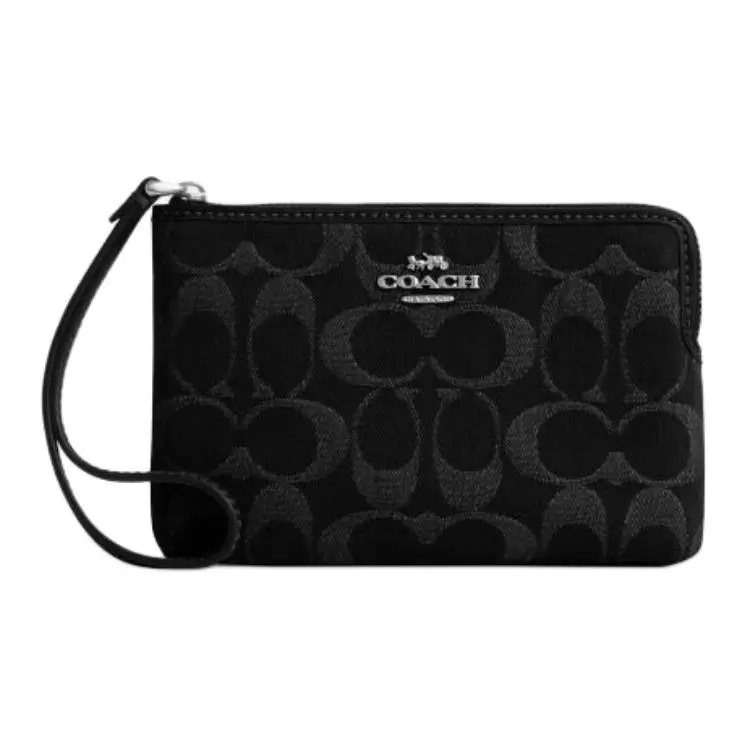 COACH Metallic Logo Zip-Top Clutch Bag for Women, Small Fabric Handbag in Black