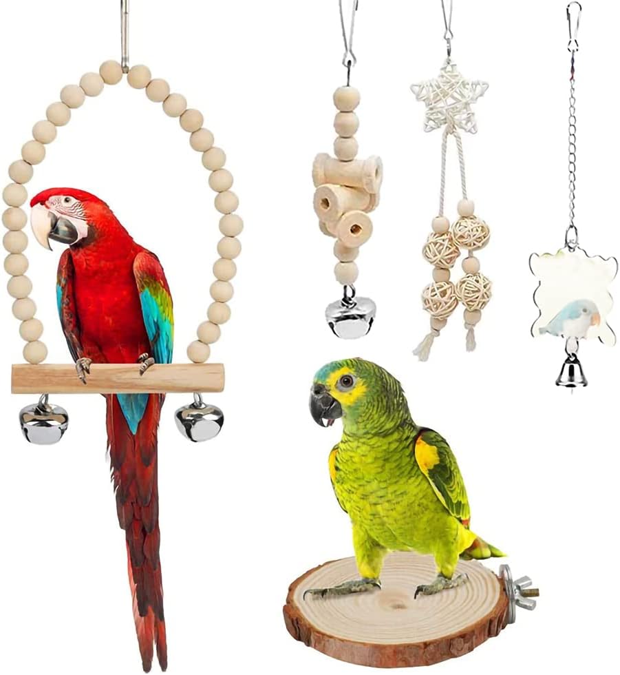9-Piece Parrots Chewing Toy Set - Natural Wood & Rope Bungee Toys for Anchovies, Coconut Hideaway with Ladder, Bird Perch Stand, Cage Accessories for Parakeets, Cockatiel, Conure, Mynah, Macaw