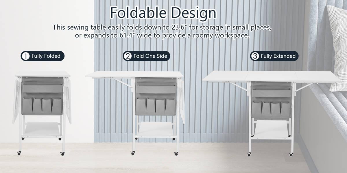 Foldable Craft Table with Storage, Movable Sewing Table with 2 Shelves & Side Pocket, Home Hobby Folding Table for Craft Room, Fixed Height, White