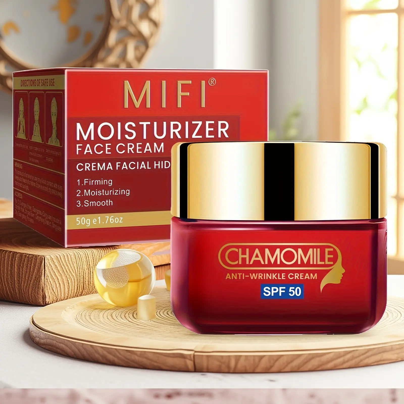 Chamomile Anti-Wrinkle Moisturizing Cream, Deeply Nourishes Skin, Spf50+, Day & Night Care, Tightening, All Skin Types, 50g