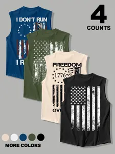 4 Piece American Patriotic Vintage Weapon Print Sleeveless Vest, Round Neck Loose Fit, Streetwear Boys Summer Set, Sporty Pullover Hoodie