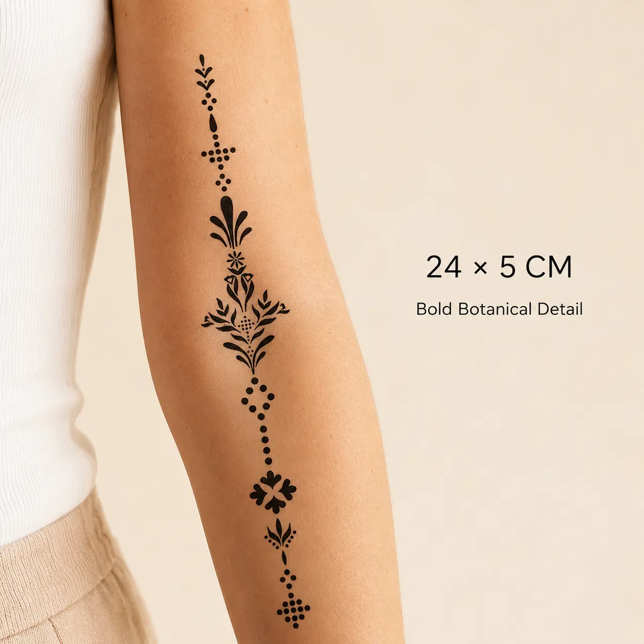 Women's Black Ornamental Flower Temporary Tattoos - 4PCS Vertical Fine-Line Safe, Long-Lasting Dry Stickers for Key Body Areas (Spine, Chest, Forearm)