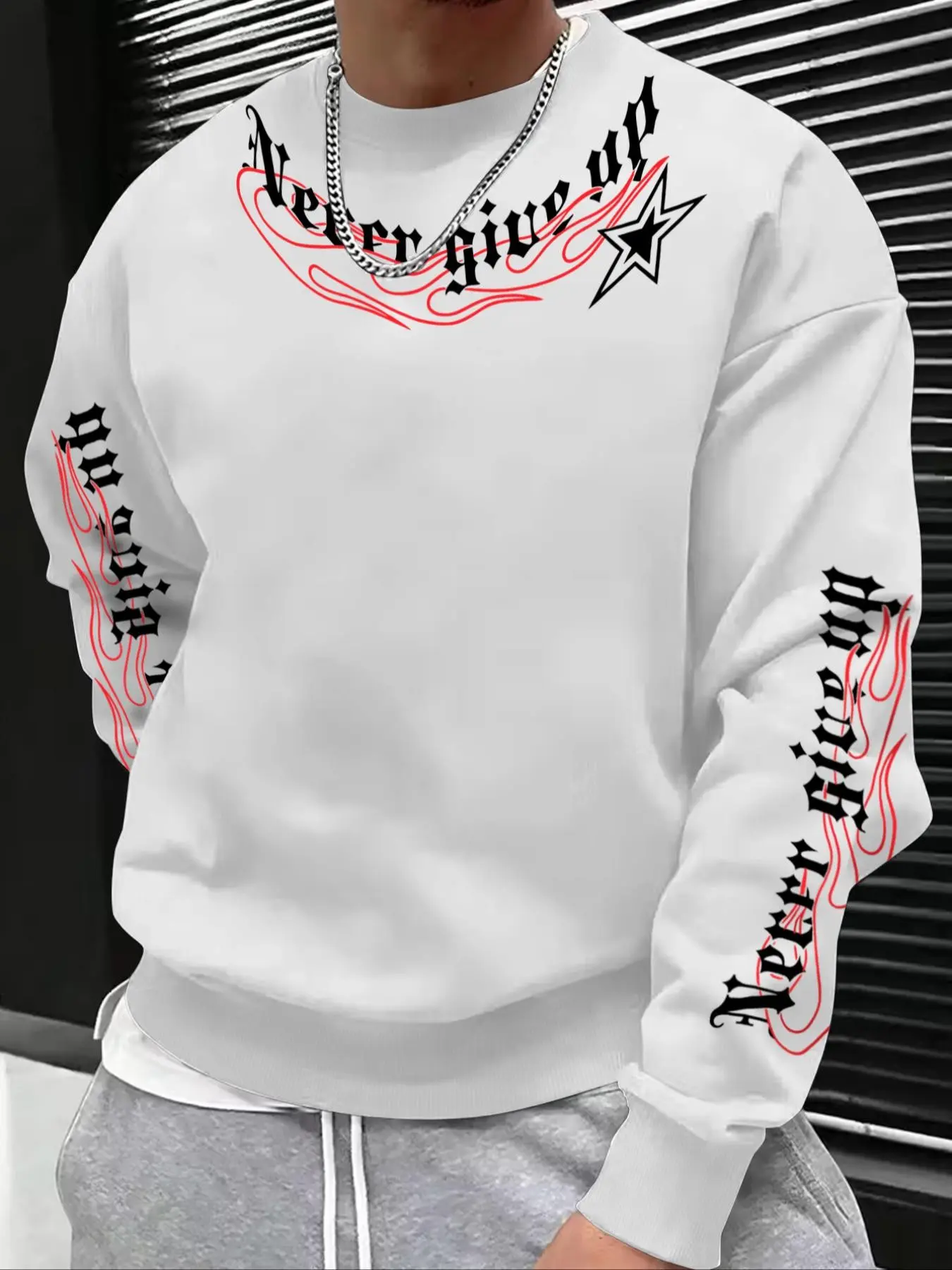Men's Round Neck Sweatshirt, Gothic Letter Never Give Up Flame Star Print Long Sleeve Pullover, Men's Casual Streetwear Top