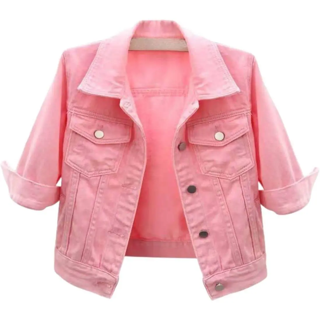 Women's 3/4 Sleeve Colored Cropped Denim Jacket Light Wash Short Jean Jacket Trucker Coat