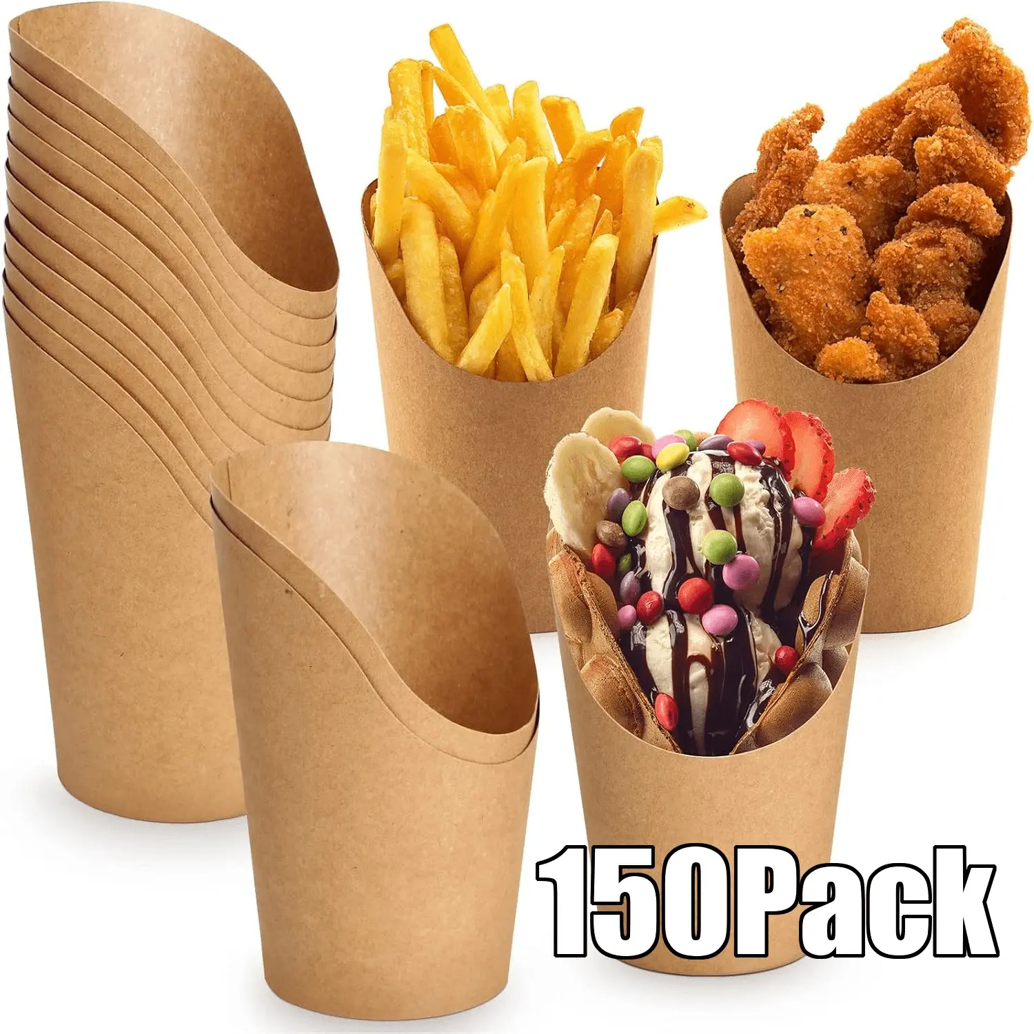 150pcs Pack Disposable French Fry Cups Suitable for Parties, Slanted Snack & Charcuterie Cups with Wide Base for Stability, Paper Plates for Fries, Waffles, Chicken Nuggets, Popcorn, Ice Cream - for Catering, BBQ, Picnic, Wedding