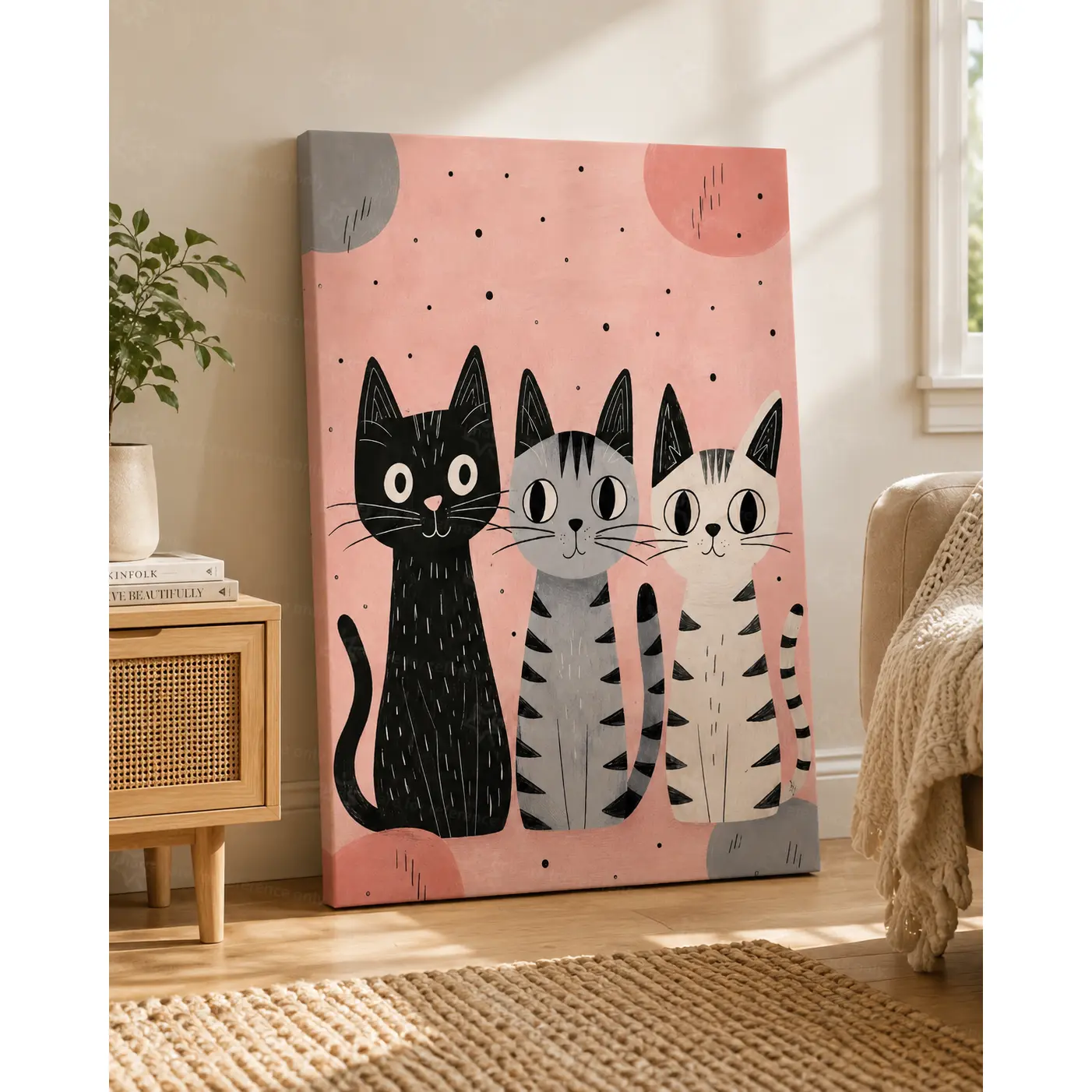 3 Cartoon Cats Pink Background Canvas Wall Art Poster - Minimalist Pet Animal Print, Nursery Decor, Unframed or Framed Canvas Wrap Home Gift Artwork