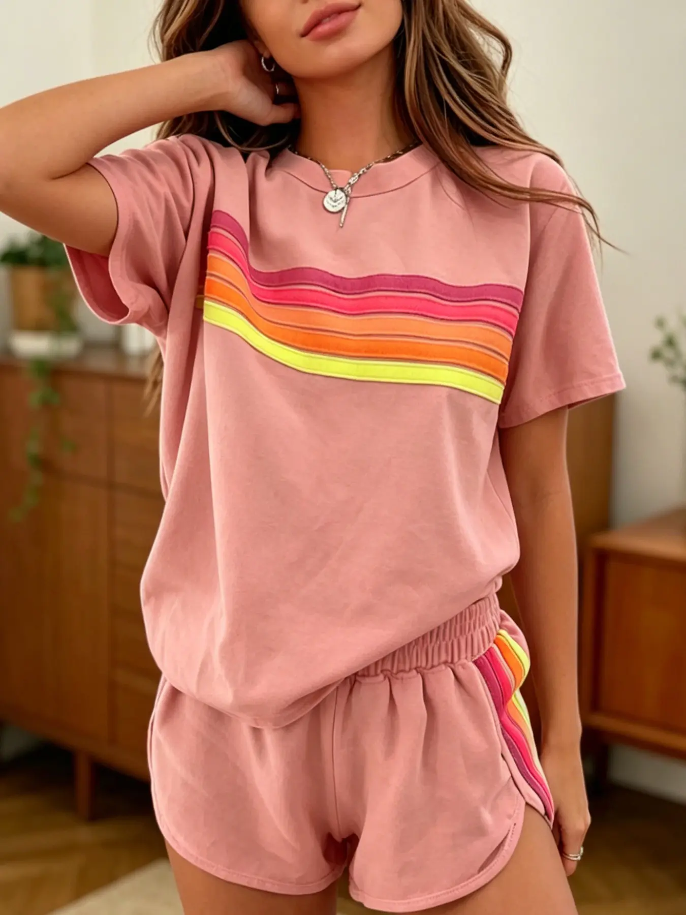 Two-piece women's fashion casual sports style sportswear set, loose, slim-fit and Fitted with rainbow striped design, perfect for summer, vacations, indoor, and outdoor wear, Womenswear, Athleisure Wear, Athleisure Outfits