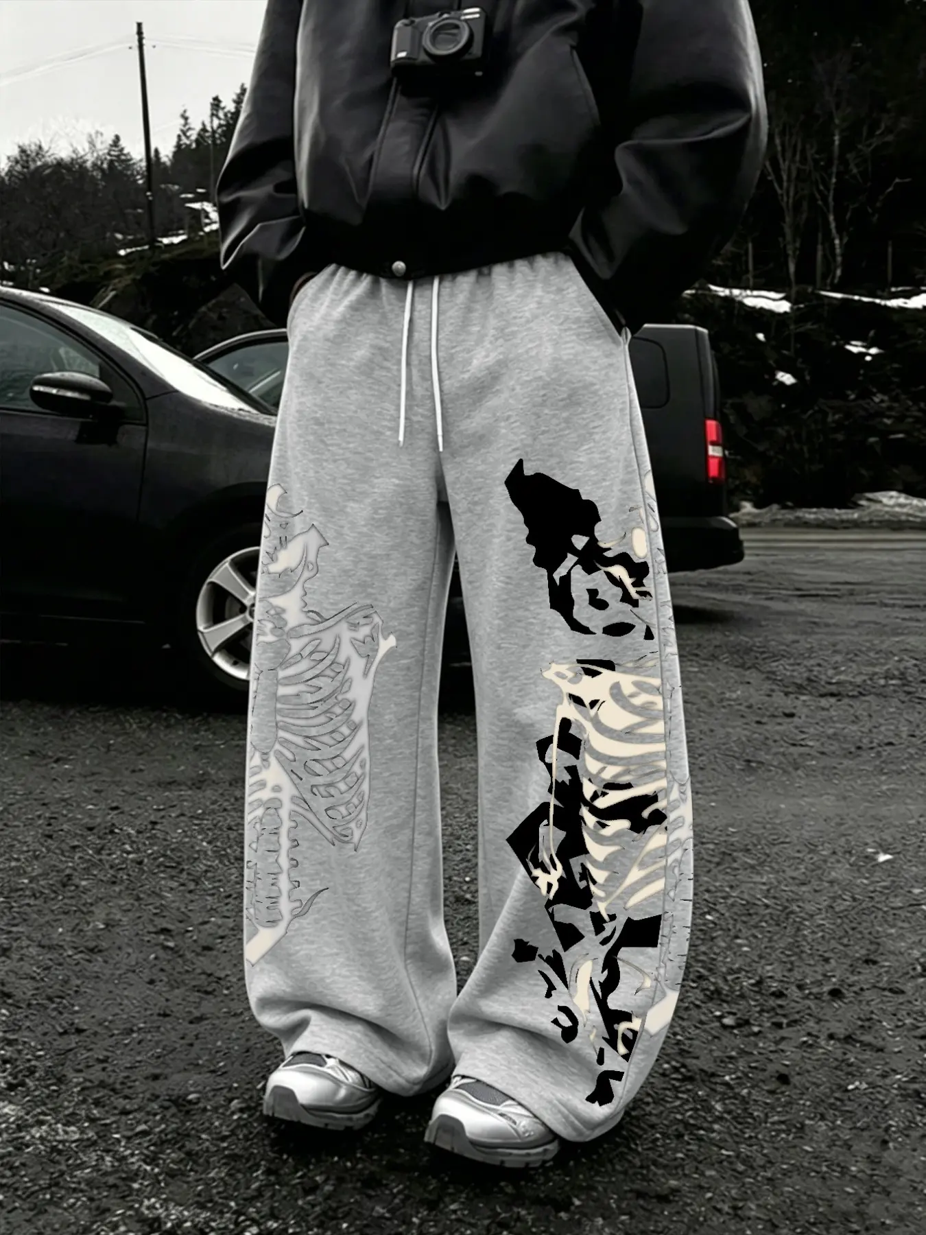 Men's Straight Leg Sweatpants, Dark Skull Print, Drawstring Waist, Street Style, Streetwear, Loose-Fitting, All Seasons, Trendy Long Pants