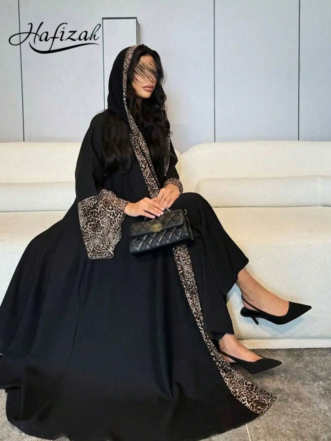 Hafizah Summer New Women's Jacket, Leopard Print Patchwork Fashion Casual Outfit Long Dress Set with Headscarf, Loose-Fitting Outerwear for All Seasons