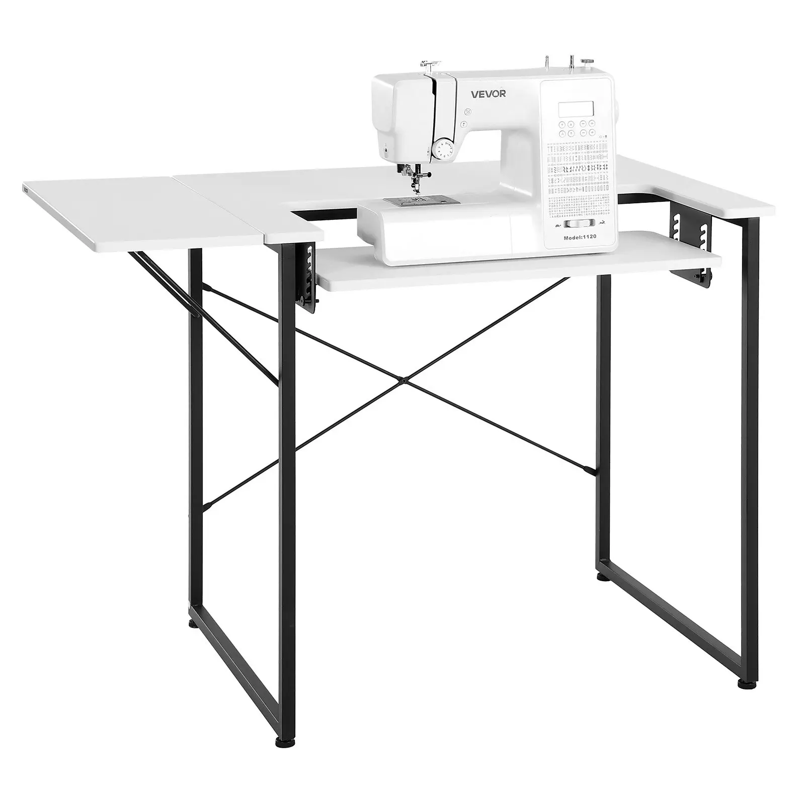 【Summerfinds】VEVOR Foldable Sturdy Sewing Table (EC013) - Large Size Office Desk with Carbon Steel Legs, Foldable Side Shelf, Adjustable Shelf, 0.59 in Thick MDF Board, 1045 x 600 x 760 mm, 28.66 lbs, 110.23 lbs Capacity for Craft Lovers, Home Office, Rec